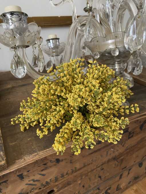 Yellow Astilbe Bursting Half Sphere Faux Floral For your consideration is an artificial Sunshine Yellow Astilbe 1/2 Sphere Floral Faux Greenery for Arrangements or Staging. This is great for just placing in any container to create your own beautiful arrangement. I have provided a variety of ideas on how you can use this but please note that this listing is only for the floral half sphere. It measures approximately 9 inches wide and 4.5 inches high. The floral blooms are a nice yellow color and it has pretty green foliage throughout. It looks realistic and not cheap.