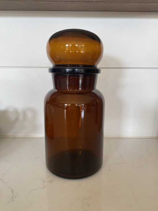 Vintage Belgium Apothecary Amber Bubble Top Glass Jar