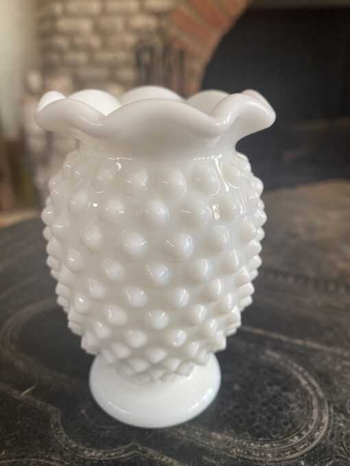 Vintage Fenton Milk Glass Ruffled Edge Hobnail Vase Small