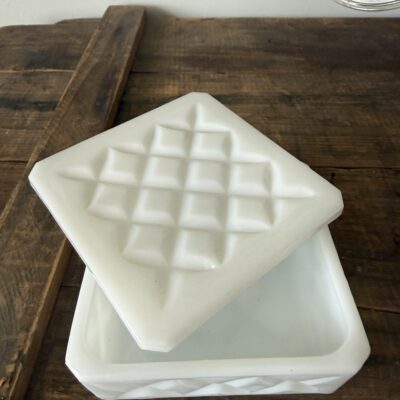 Vintage Milk Glass trinket box quilted diamond design